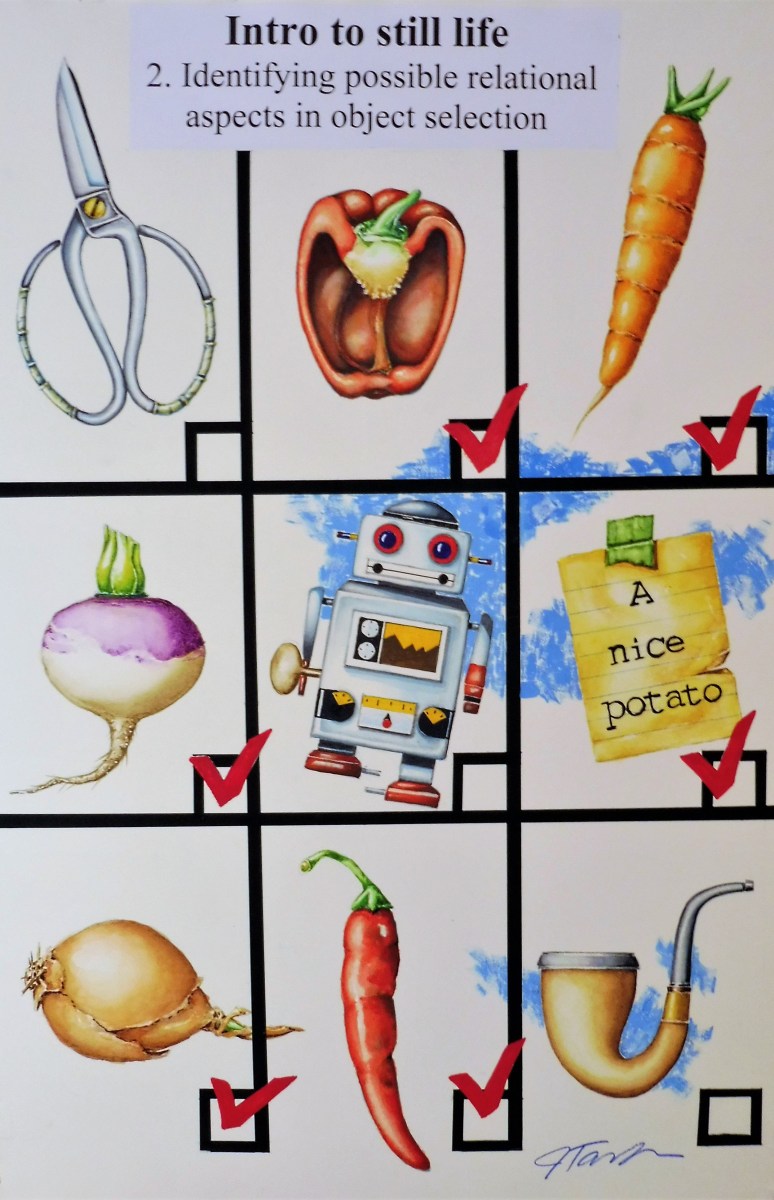 "Intro to still life 2. Identifying possible relational aspects in object selection" 15x22in. Mixed Media 2020
