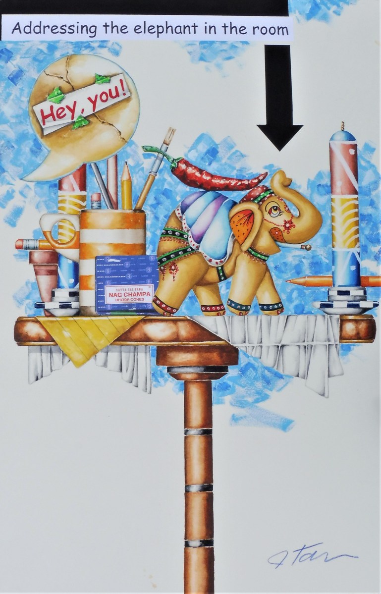 "Addressing the elephant in the room" 15x22 in. Mixed Media, 2022